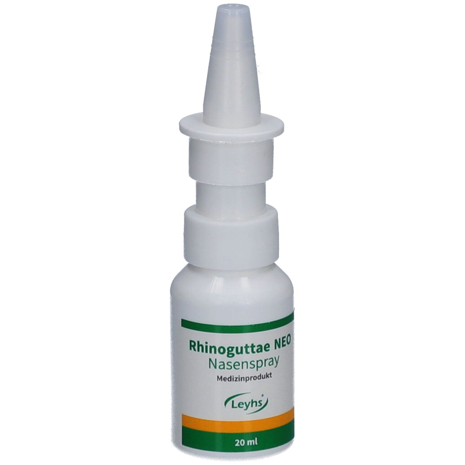 Weiße Nasenspray-Flasche mit Sprühkopf. Aufschrift: Rhinoguttae NEO Nasenspray. Orangefarbener Streifen am Boden. 20 ml.