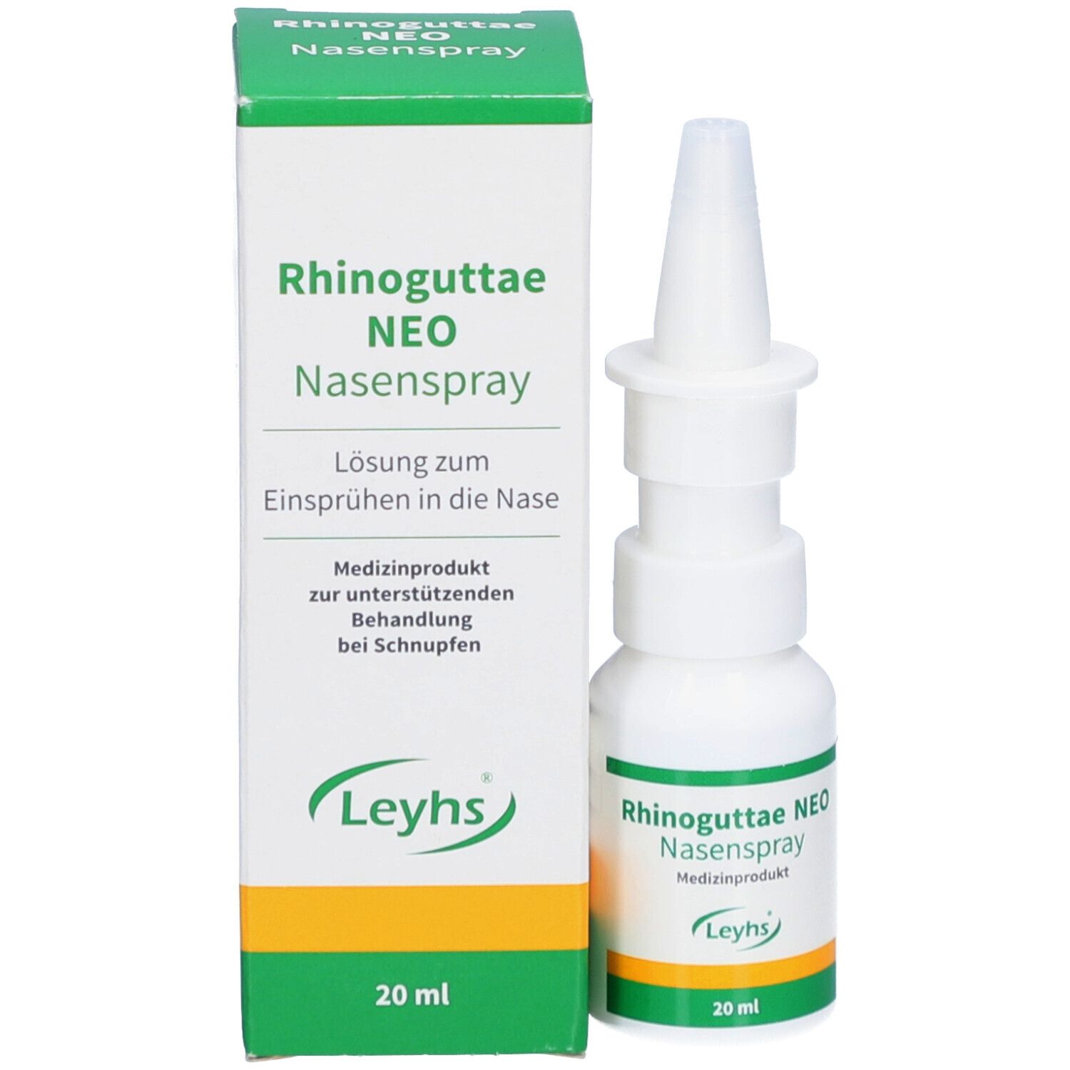 Nasenspray-Flasche und Schachtel. Aufschrift: Rhinoguttae NEO Nasenspray. Grüne und weiße Verpackung. 20 ml.