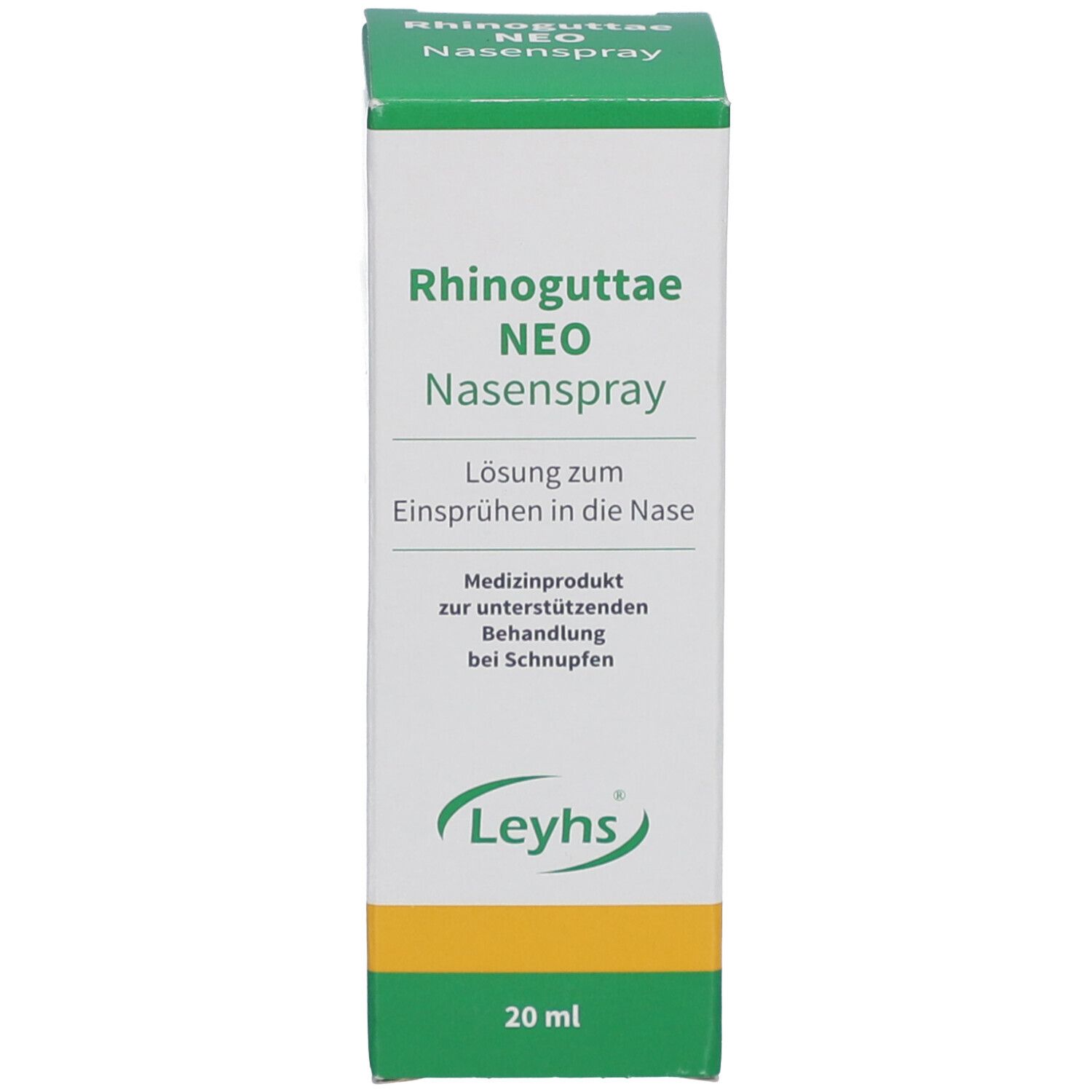 Grüne und weiße Schachtel. Aufschrift: Rhinoguttae NEO Nasenspray. Text und Logo. 20 ml.