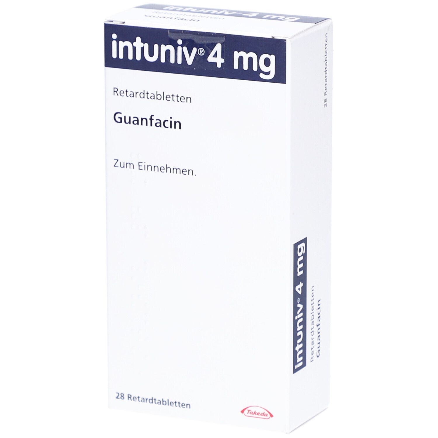 Weiße Schachtel mit INTUNIV 4 mg Retardtabletten. Aufschrift: Guanfacin, 28 Retardtabletten. Hersteller: Takeda.