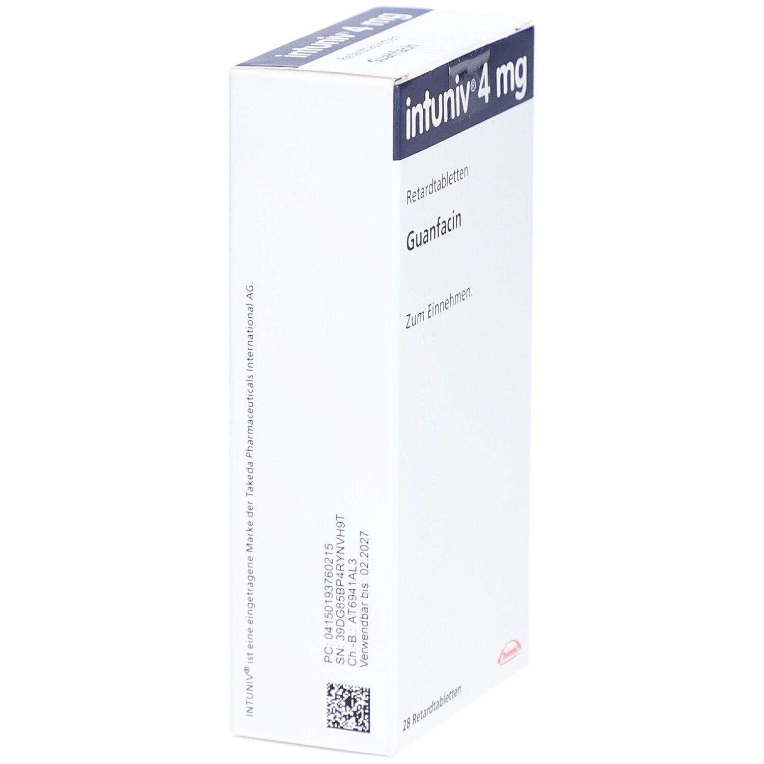 Weiße Schachtel INTUNIV 4 mg Retardtabletten. Aufschrift: Guanfacin, 28 Retardtabletten. Hersteller: Takeda. QR-Code und Chargennummer.