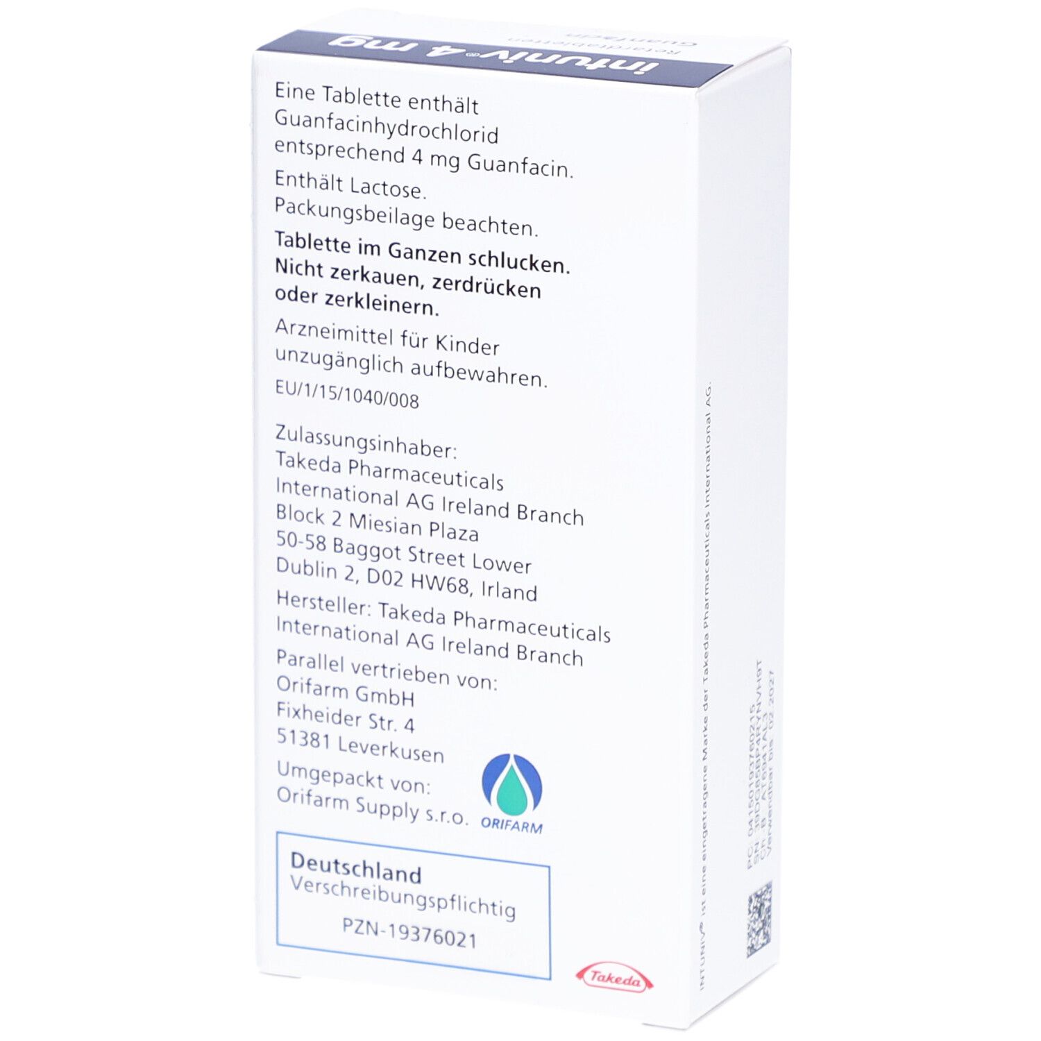 Rückseite der weißen Schachtel INTUNIV 4 mg Retardtabletten. Text: Zusammensetzung, Dosierung, Herstellerinformationen, PZN-19376021.