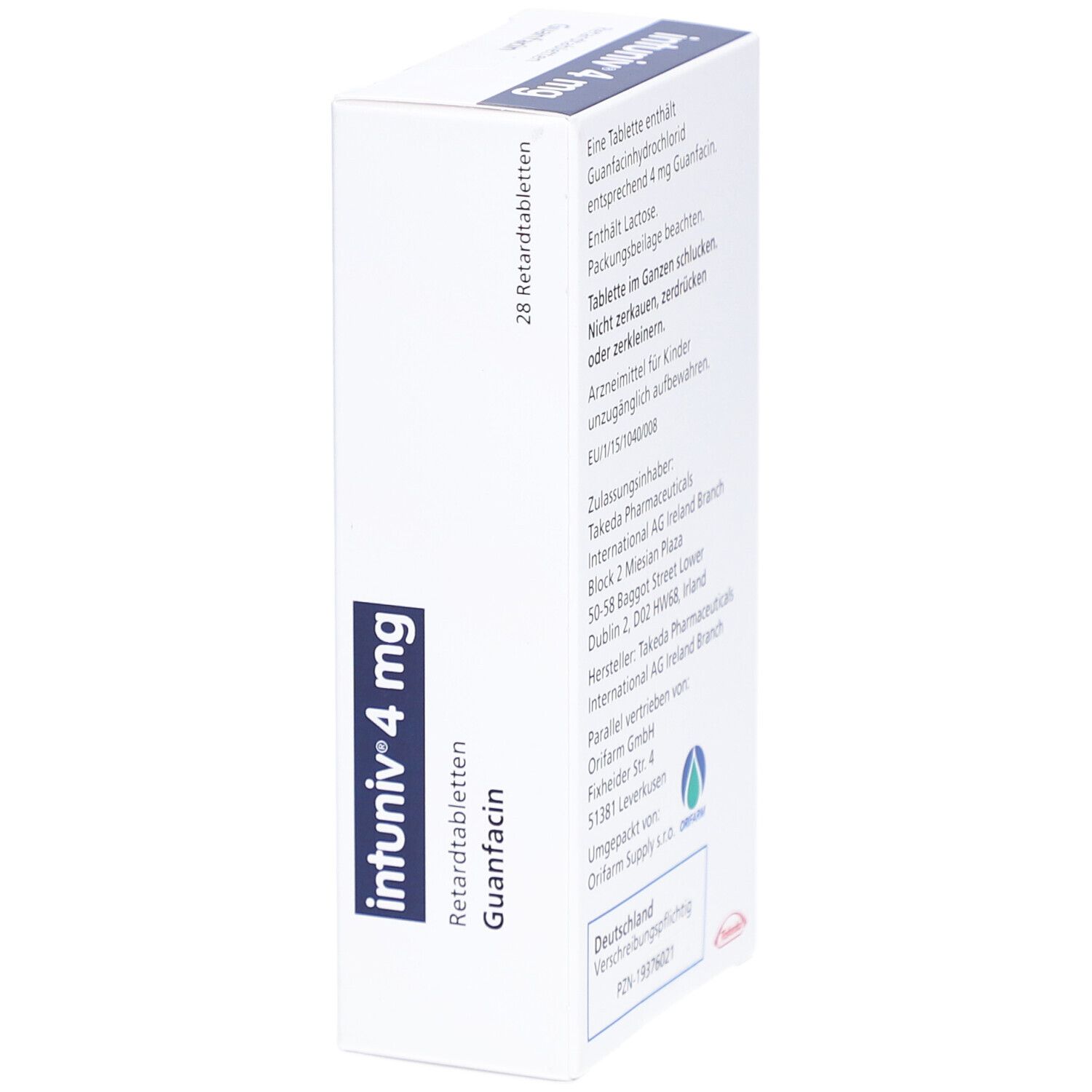Weiße Schachtel INTUNIV 4 mg Retardtabletten. Aufschrift: Guanfacin, 28 Retardtabletten. Hersteller: Takeda. Seitenansicht.