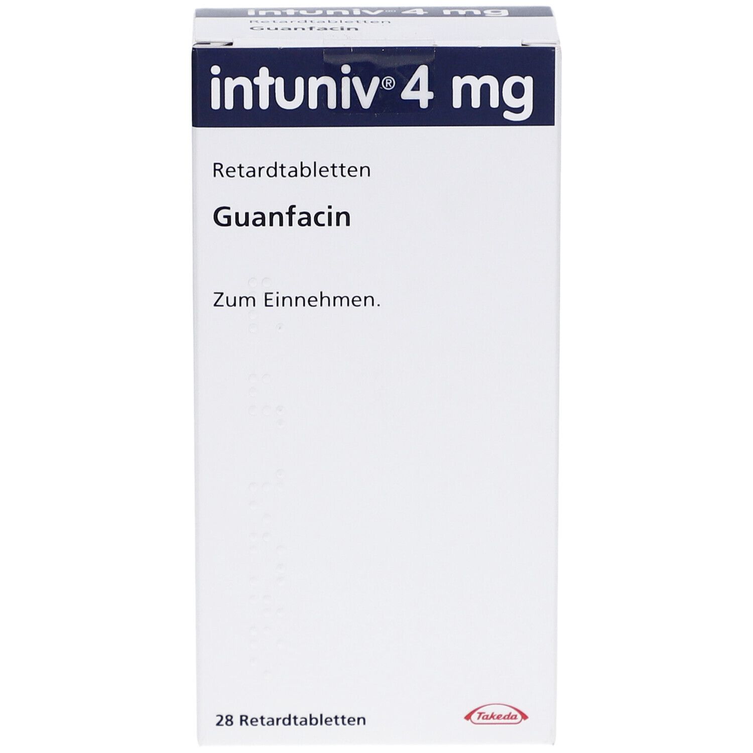 Weiße Schachtel mit INTUNIV 4 mg Retardtabletten. Aufschrift: Guanfacin, 28 Retardtabletten. Hersteller: Takeda.