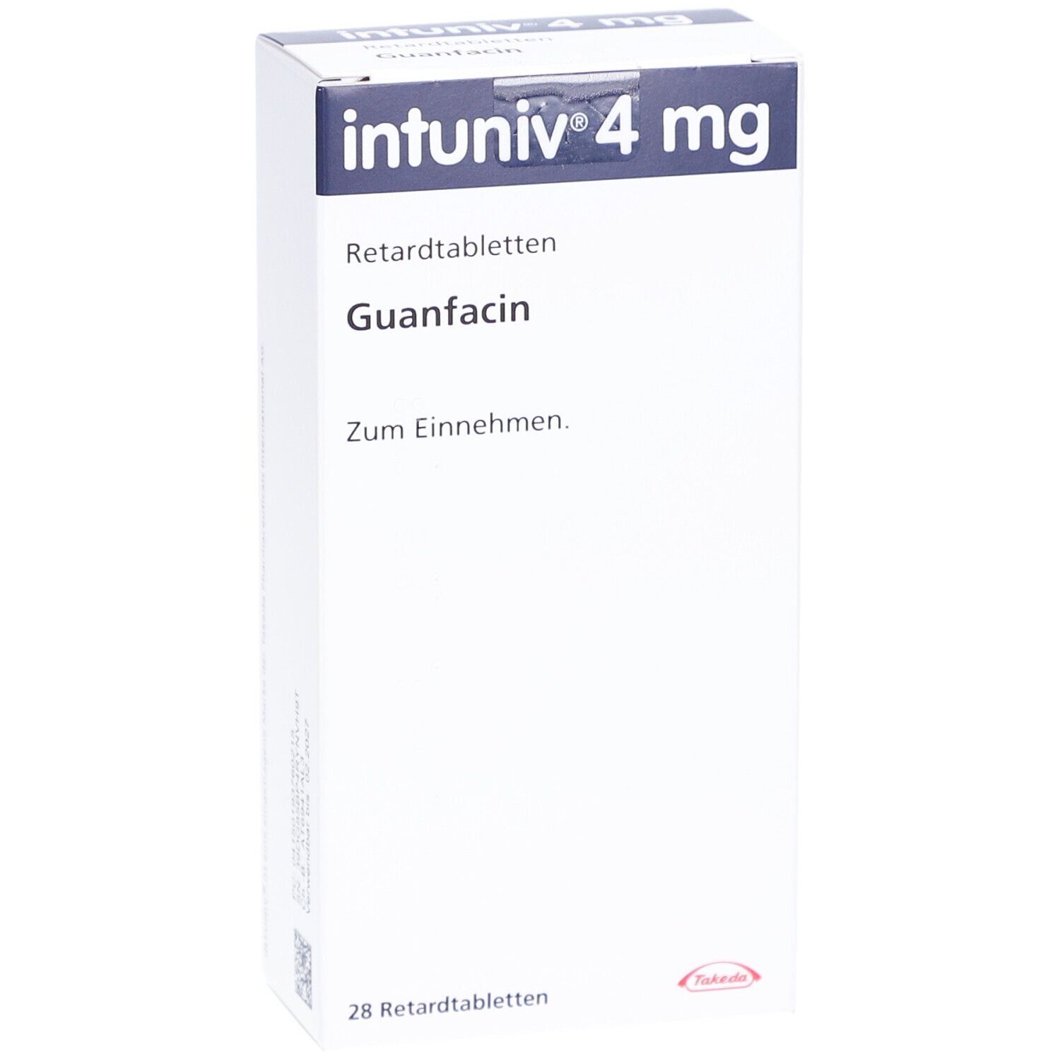 Weiße Schachtel mit INTUNIV 4 mg Retardtabletten. Aufschrift: Guanfacin, 28 Retardtabletten. Hersteller: Takeda.