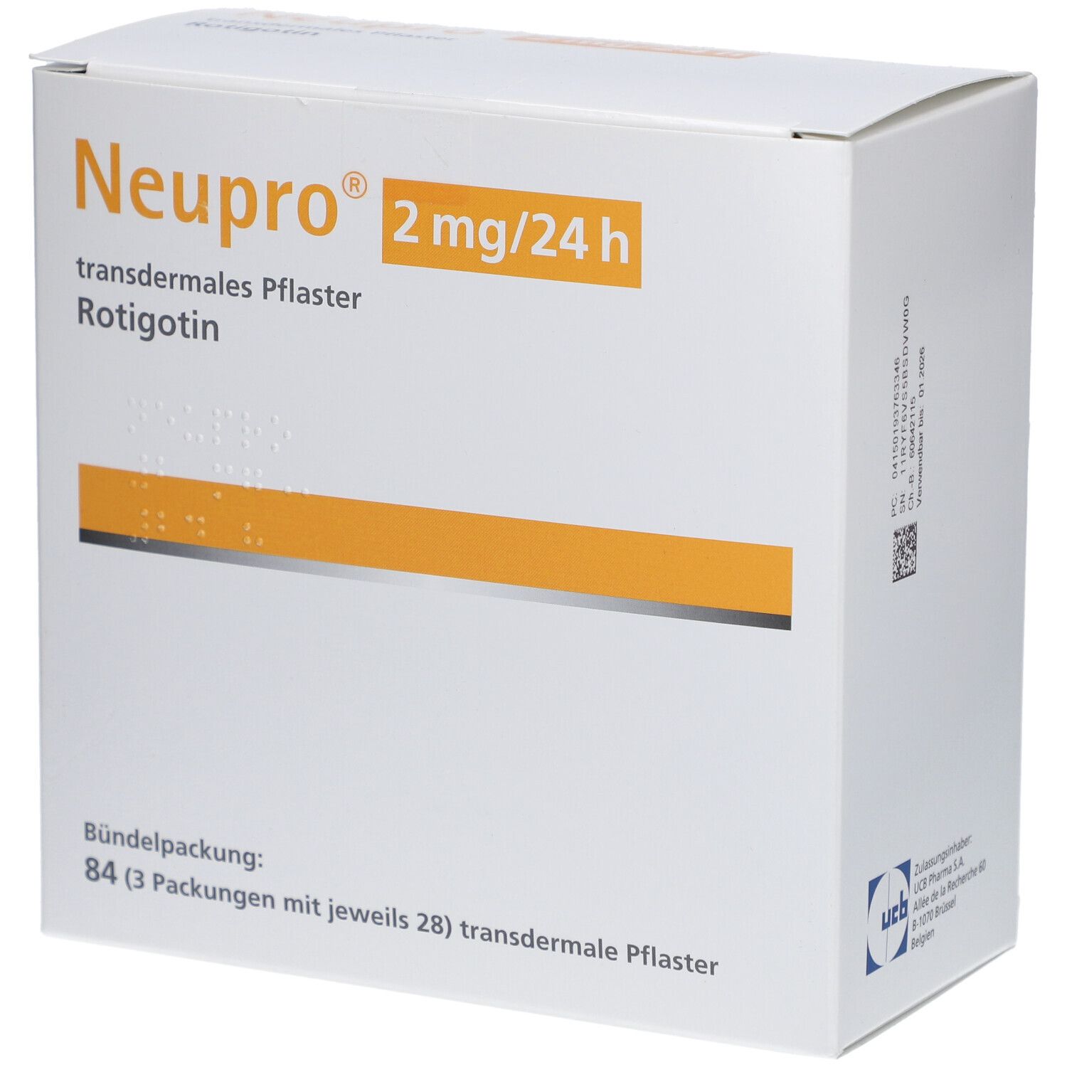 Weiße Kartonverpackung mit orangefarbenen Akzenten. Aufschrift: Neupro 2 mg/24 h, transdermales Pflaster, Rotigotin. Bündelpackung mit 84 Pflastern.