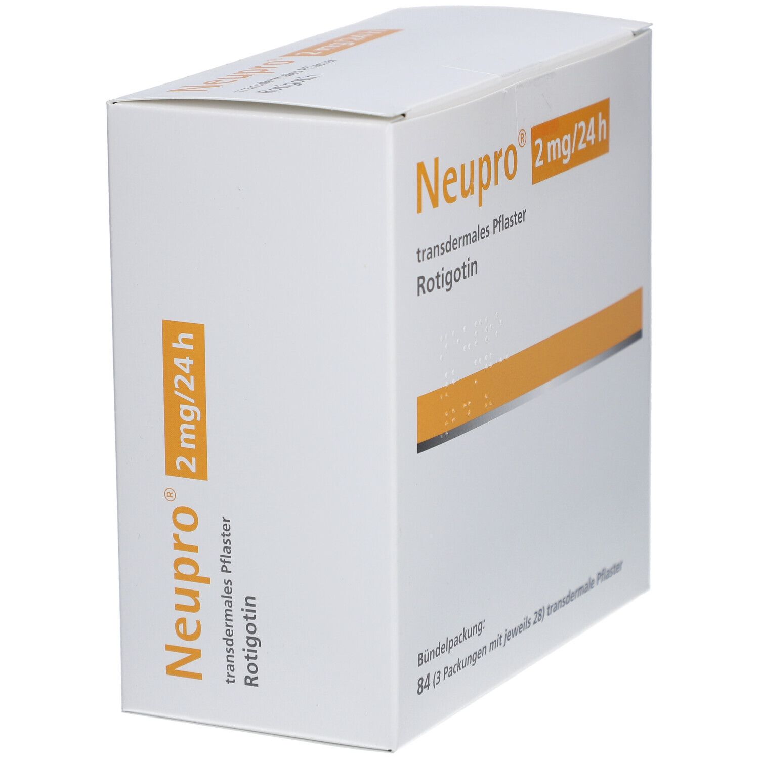 Kartonverpackung mit orangefarbenen Akzenten. Aufschrift: Neupro 2 mg/24 h, transdermales Pflaster, Rotigotin. Seitenansicht.