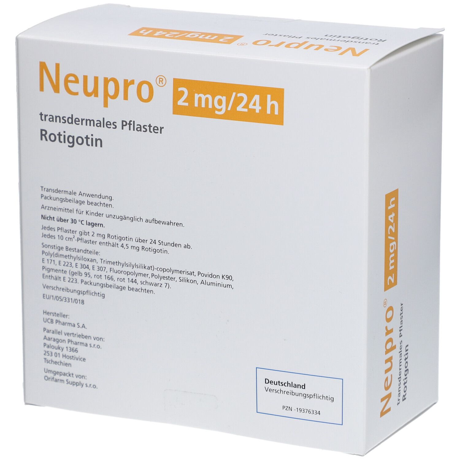 Kartonverpackung mit orangefarbenen Akzenten. Aufschrift: Neupro 2 mg/24 h, transdermales Pflaster, Rotigotin. Enthält Informationen und Zulassungsdetails.