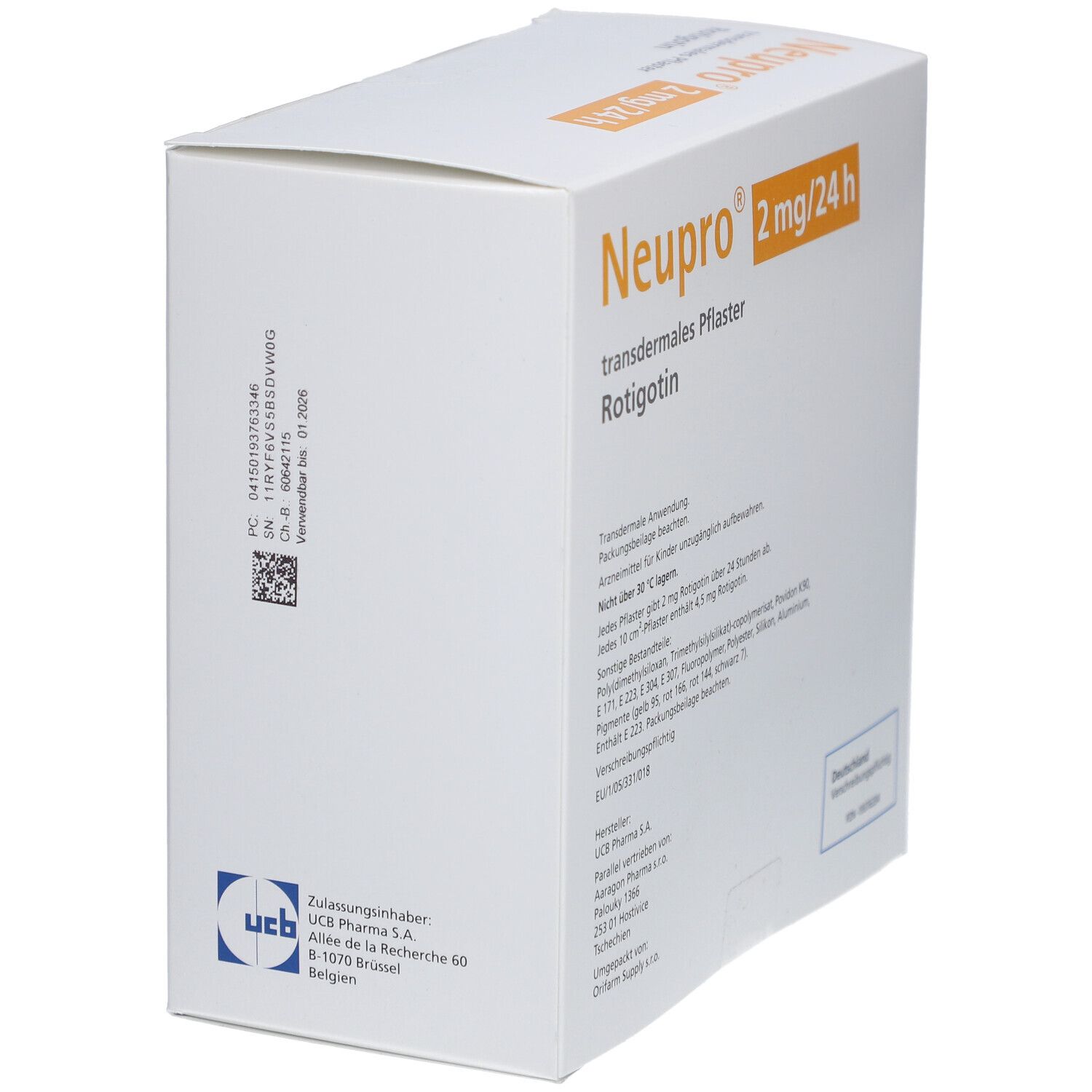 Kartonverpackung mit orangefarbenen Akzenten. Aufschrift: Neupro 2 mg/24 h, transdermales Pflaster, Rotigotin. Enthält Informationen und Zulassungsdetails.