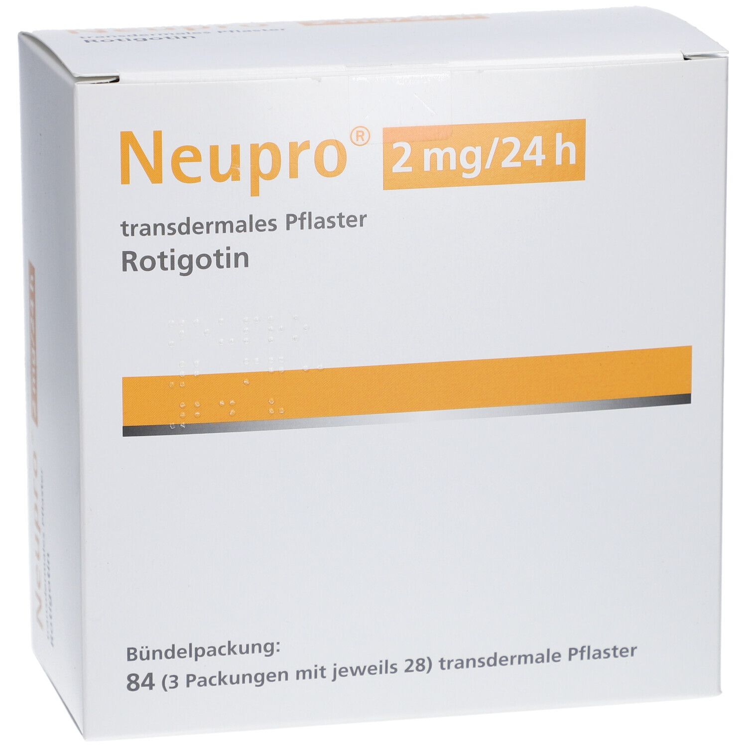 Weiße Kartonverpackung mit orangefarbenen Akzenten. Aufschrift: Neupro 2 mg/24 h, transdermales Pflaster, Rotigotin. Bündelpackung mit 84 Pflastern.