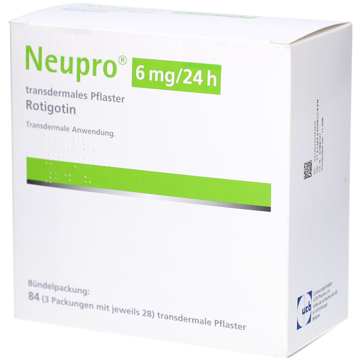 Weiße Schachtel mit grünen Akzenten. Aufschrift: Neupro 6 mg/24 h, transdermales Pflaster. Bündelpackung mit 84 Pflastern.