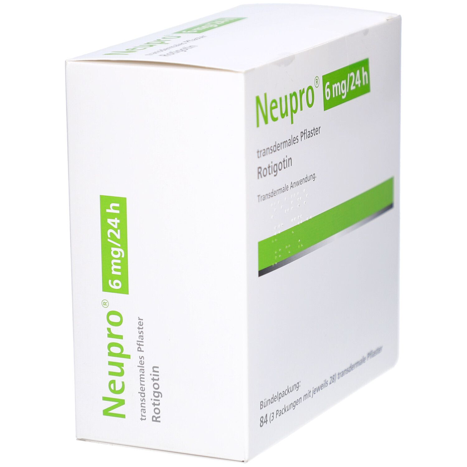 Weiße Schachtel, schräg gestellt. Aufschrift: Neupro 6 mg/24 h, transdermales Pflaster. Grüne Akzente.