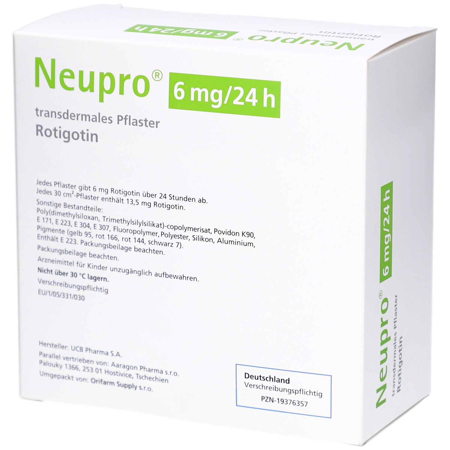 Weiße Schachtel mit Text. Aufschrift: Neupro 6 mg/24 h, transdermales Pflaster. Text über Inhaltsstoffe und Hersteller.