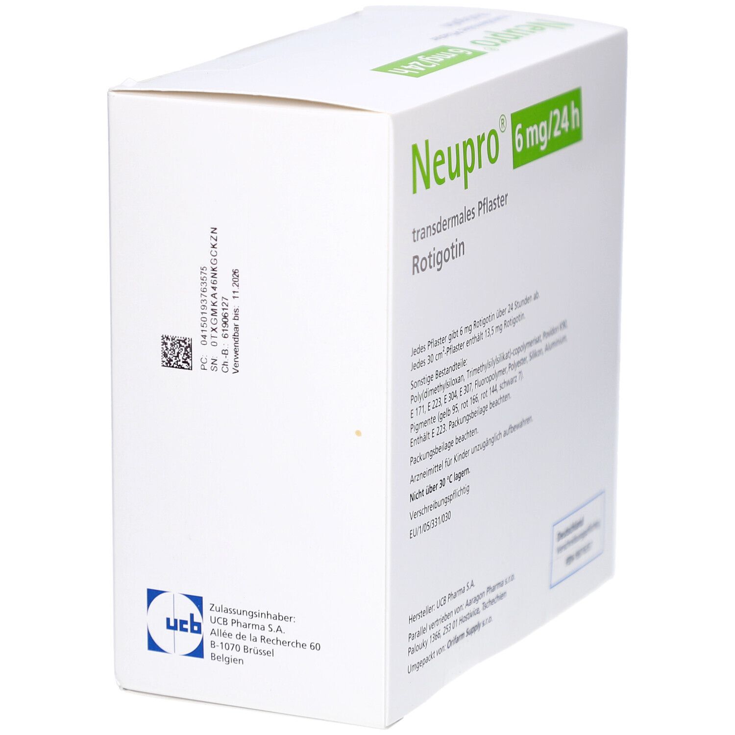 Weiße Schachtel, schräg gestellt. Aufschrift: Neupro 6 mg/24 h, transdermales Pflaster. QR-Code und Herstellerlogo.