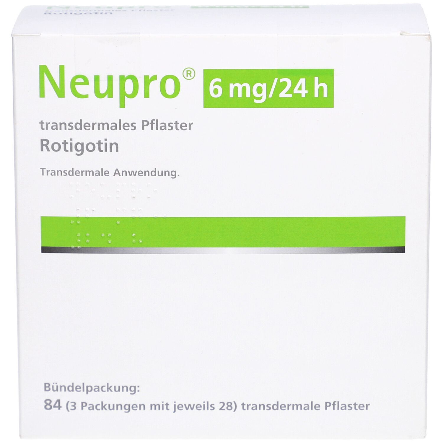 Weiße Schachtel mit grünen Akzenten. Aufschrift: Neupro 6 mg/24 h, transdermales Pflaster. Bündelpackung.