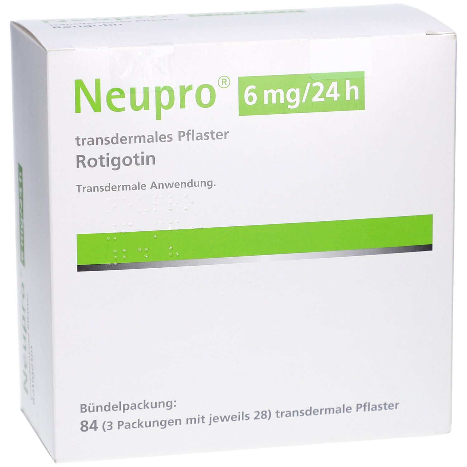Weiße Schachtel mit grünen Akzenten. Aufschrift: Neupro 6 mg/24 h, transdermales Pflaster. Bündelpackung.