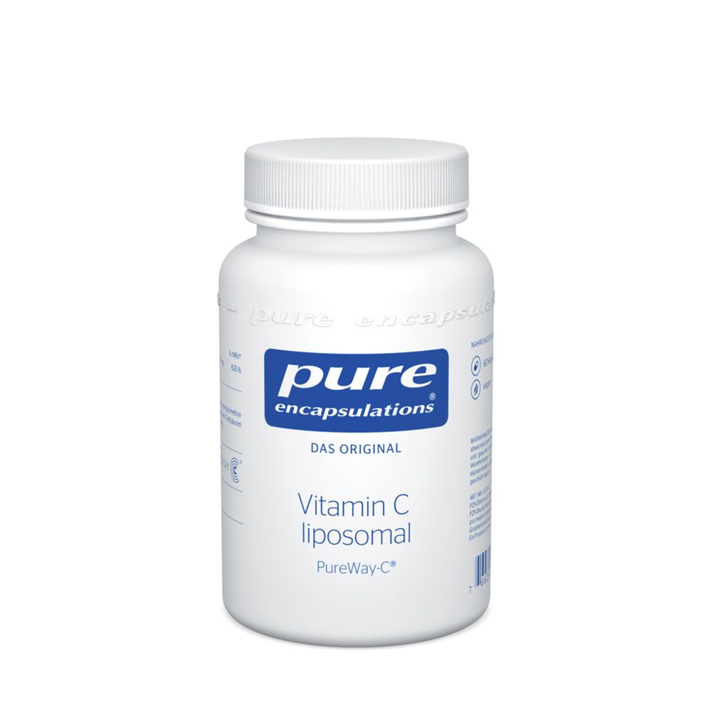Weiße Flasche mit blauem Etikett. Aufschrift: pure encapsulations, Vitamin C liposomal. Deckel oben.