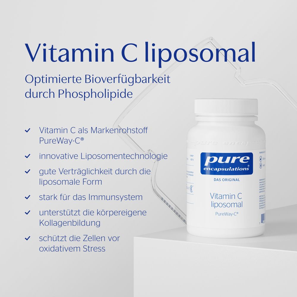 Text mit Vorteilen von Vitamin C liposomal. Flasche rechts. Text: Vitamin C liposomal, verbesserte Bioverfügbarkeit.
