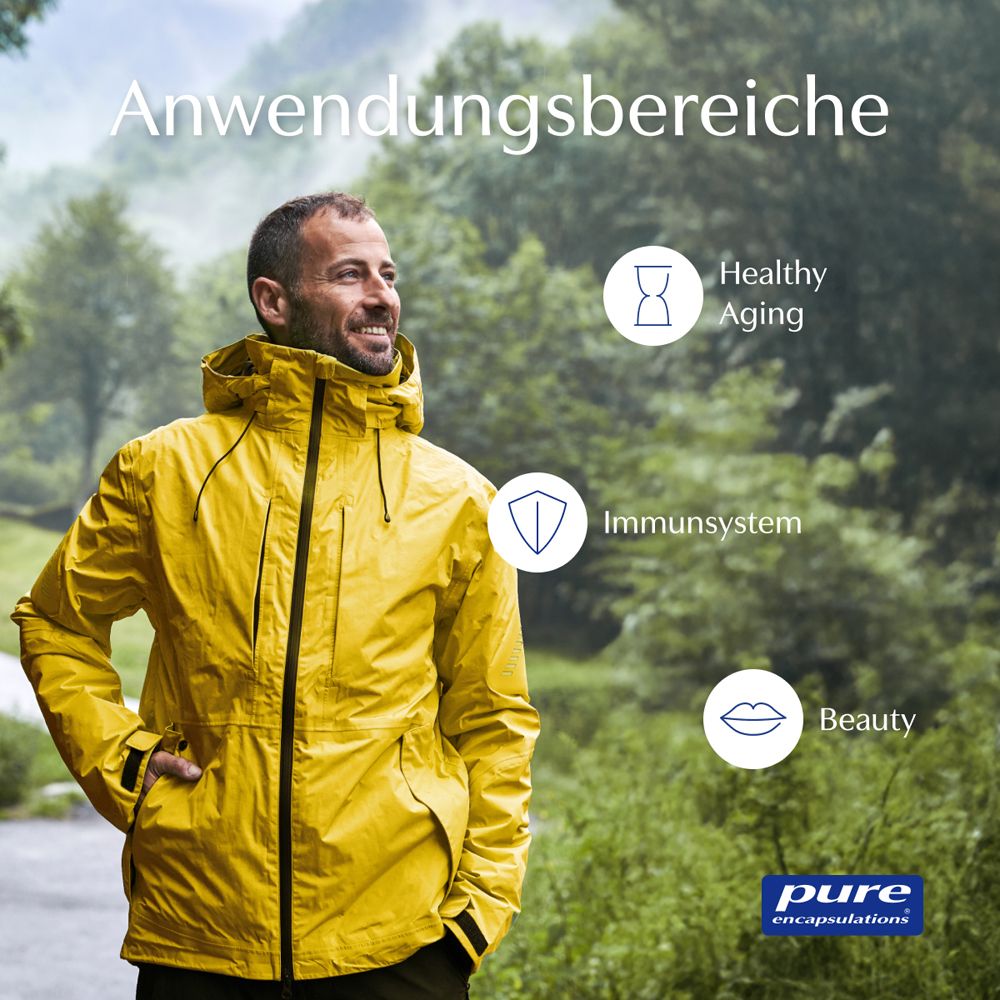 Mann in gelber Jacke. Kreise mit Symbolen: Healthy Aging, Immunsystem, Beauty. Logo: pure encapsulations.