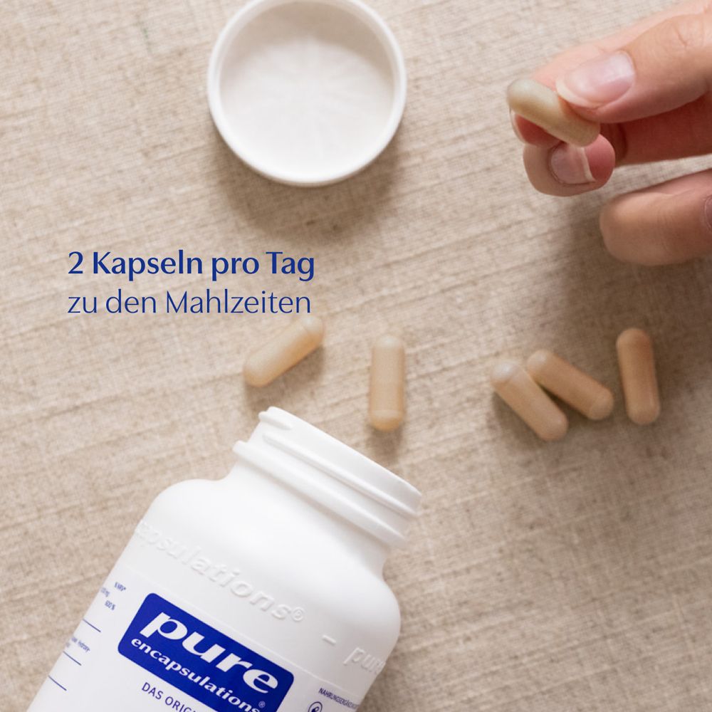 Weiße Flasche und Kapseln. Text: 2 Kapseln pro Tag zu den Mahlzeiten. Kapseln liegen daneben.