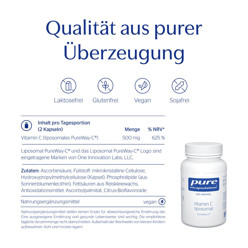 Text mit Informationen zu Vitamin C liposomal. Flasche rechts. Text: laktosefrei, glutenfrei, vegan, sojafrei.