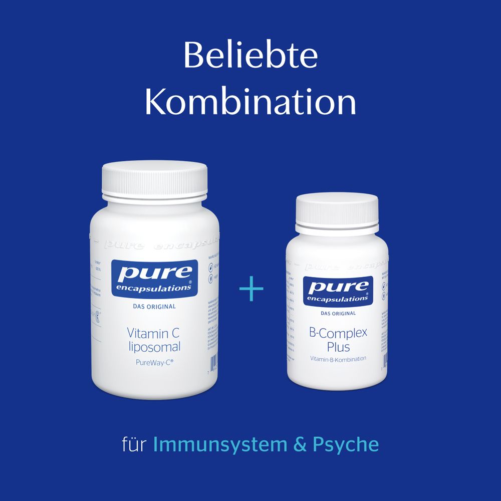 Zwei Flaschen. Eine mit Vitamin C liposomal, eine mit B-Complex Plus. Text: für Immunsystem & Psyche.