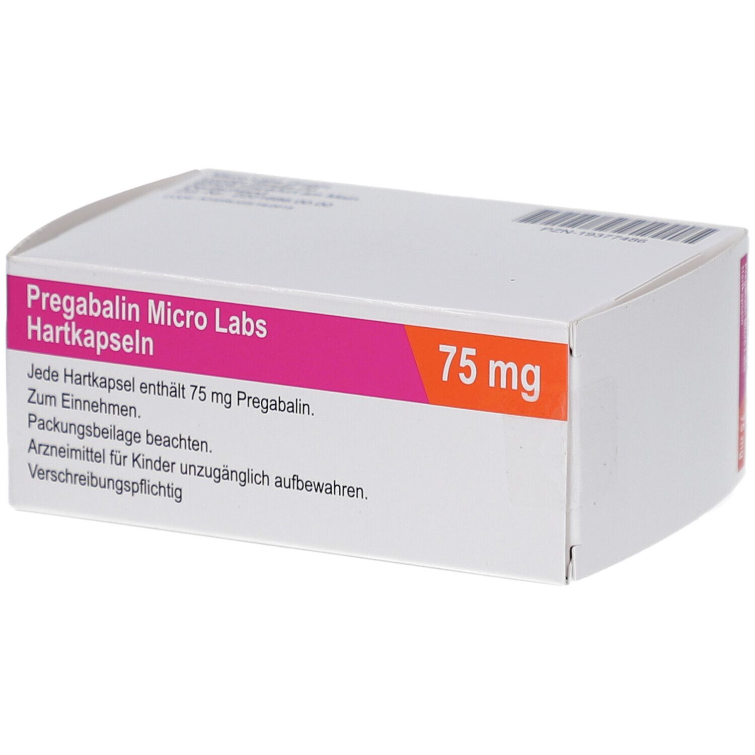Weiße Schachtel mit rosa und orangefarbenen Akzenten. Beschriftung: Pregabalin Micro Labs Hartkapseln 75 mg. Arzneimittel.
