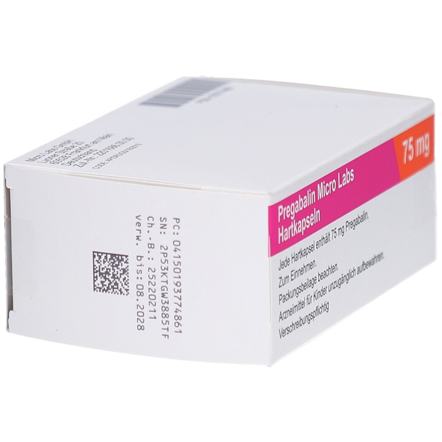 Weiße Schachtel mit rosa und orangefarbenen Akzenten. Beschriftung: Pregabalin Micro Labs Hartkapseln 75 mg. Barcode.