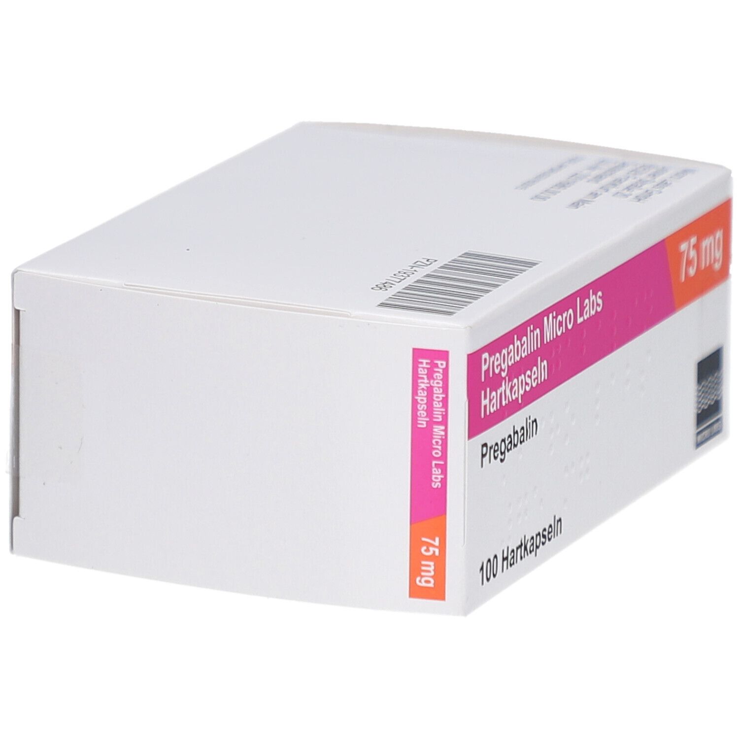 Weiße Schachtel mit rosa und orangefarbenen Akzenten. Beschriftung: Pregabalin Micro Labs Hartkapseln, 100 Hartkapseln, 75 mg.