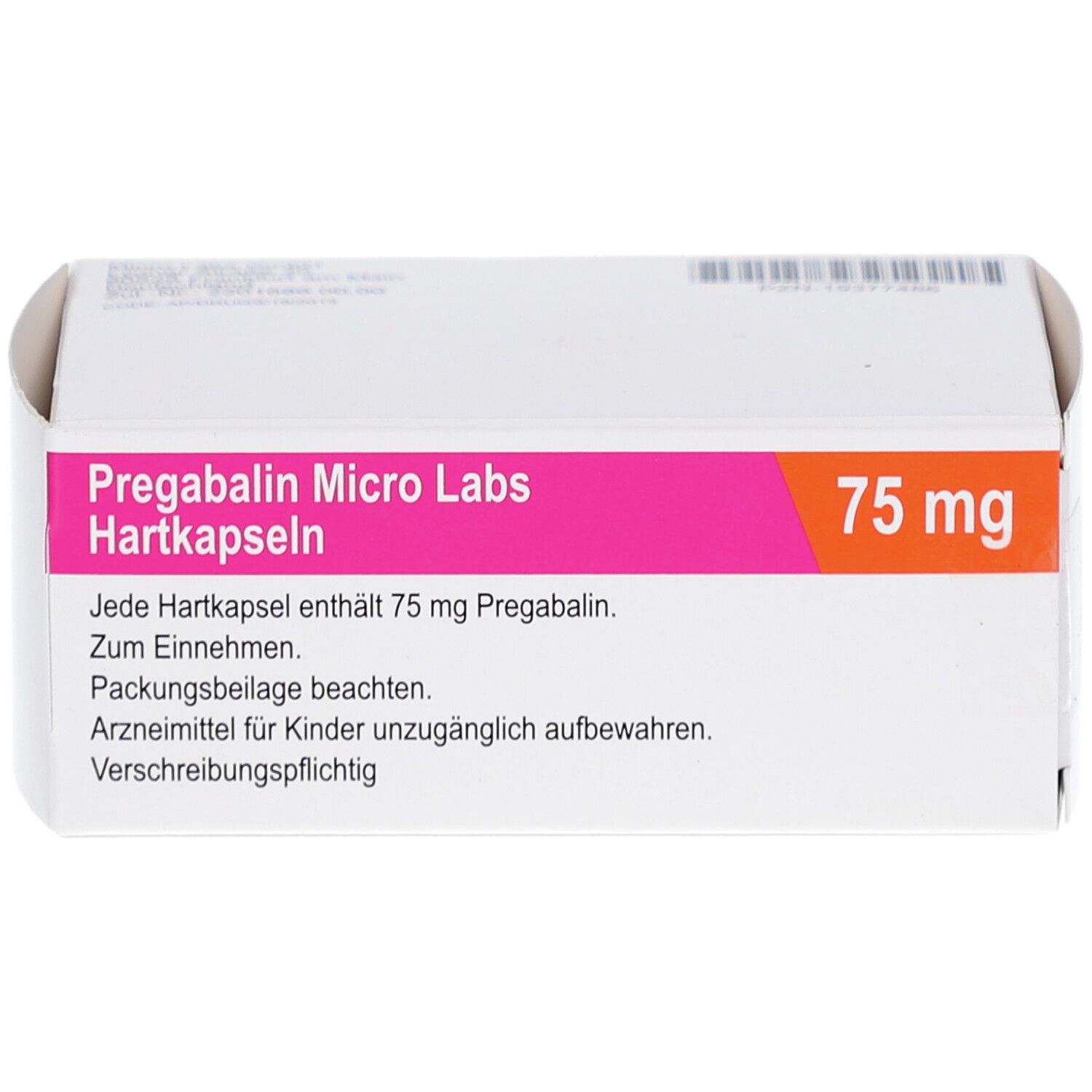 Weiße Schachtel mit rosa und orangefarbenen Akzenten. Beschriftung: Pregabalin Micro Labs Hartkapseln 75 mg. Arzneimittel.