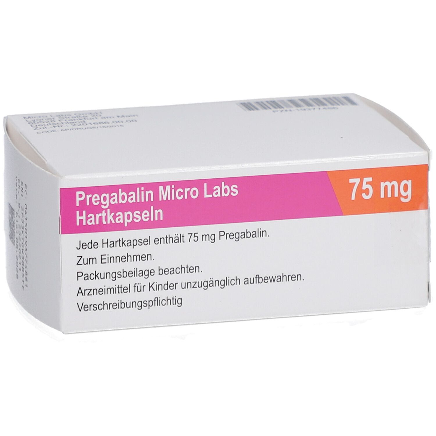 Weiße Schachtel mit rosa und orangefarbenen Akzenten. Beschriftung: Pregabalin Micro Labs Hartkapseln 75 mg. Arzneimittel.
