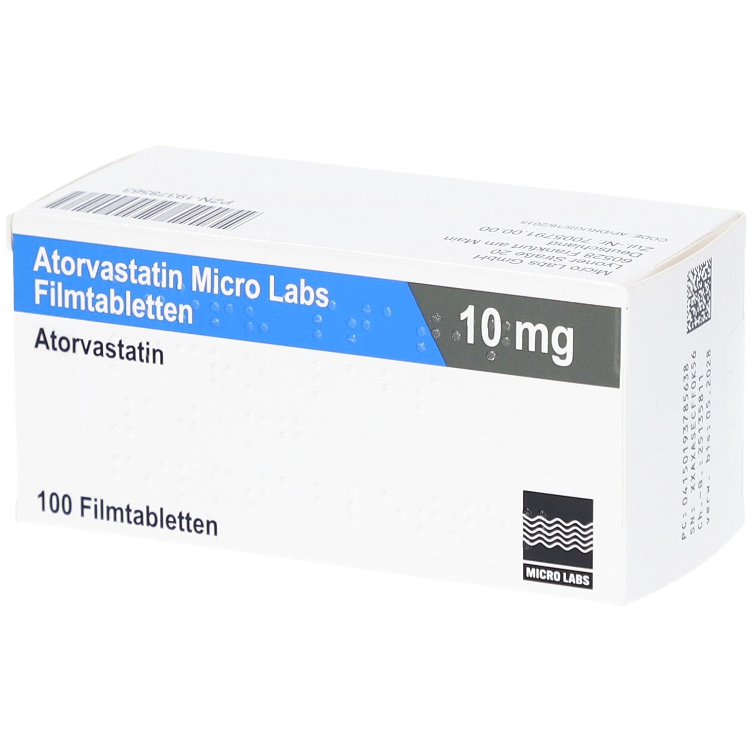 Weiße Schachtel mit blauer Schrift: Atorvastatin Micro Labs Filmtabletten, 10 mg, 100 Filmtabletten. Logo Micro Labs.