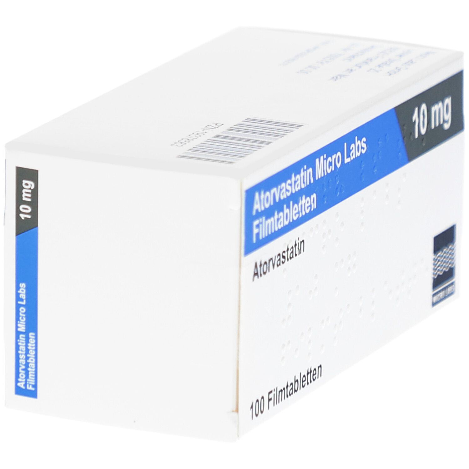 Weiße Schachtel mit blauer Schrift: Atorvastatin Micro Labs Filmtabletten, 10 mg. 100 Filmtabletten. Seitenansicht.