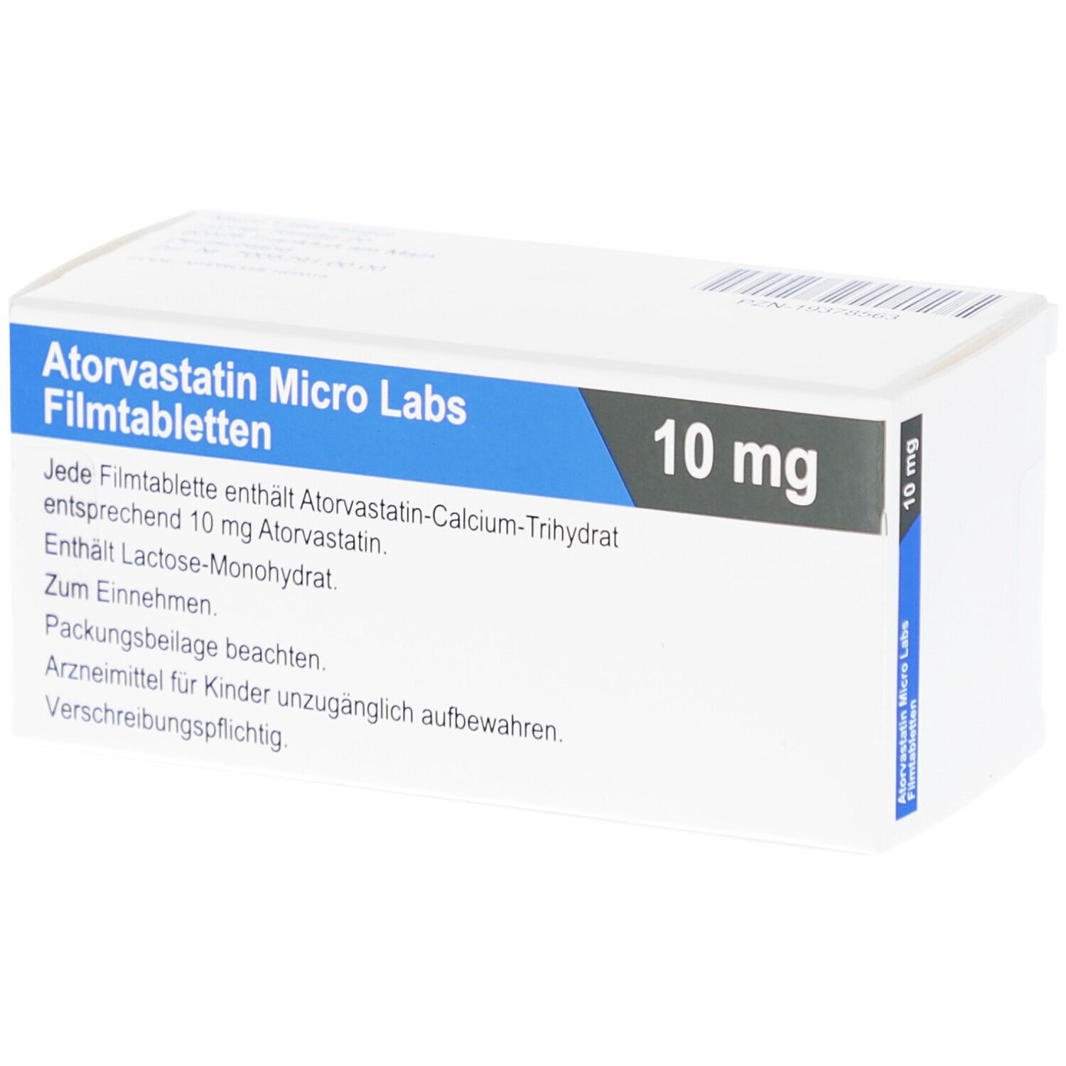 Weiße Schachtel mit blauer Schrift: Atorvastatin Micro Labs Filmtabletten, 10 mg. Textinformationen auf der Rückseite.
