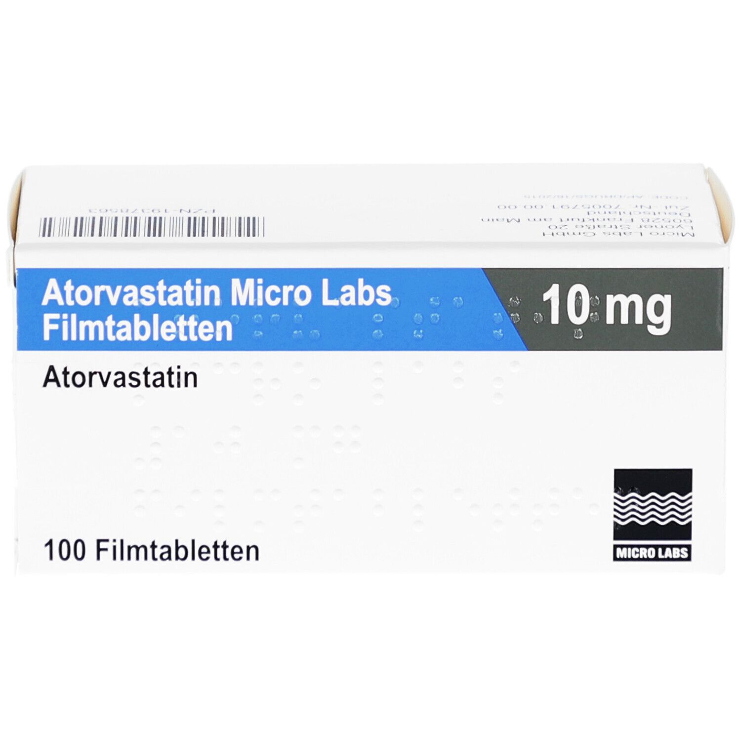 Weiße Schachtel mit blauer Schrift: Atorvastatin Micro Labs Filmtabletten, 10 mg, 100 Filmtabletten. Logo Micro Labs.