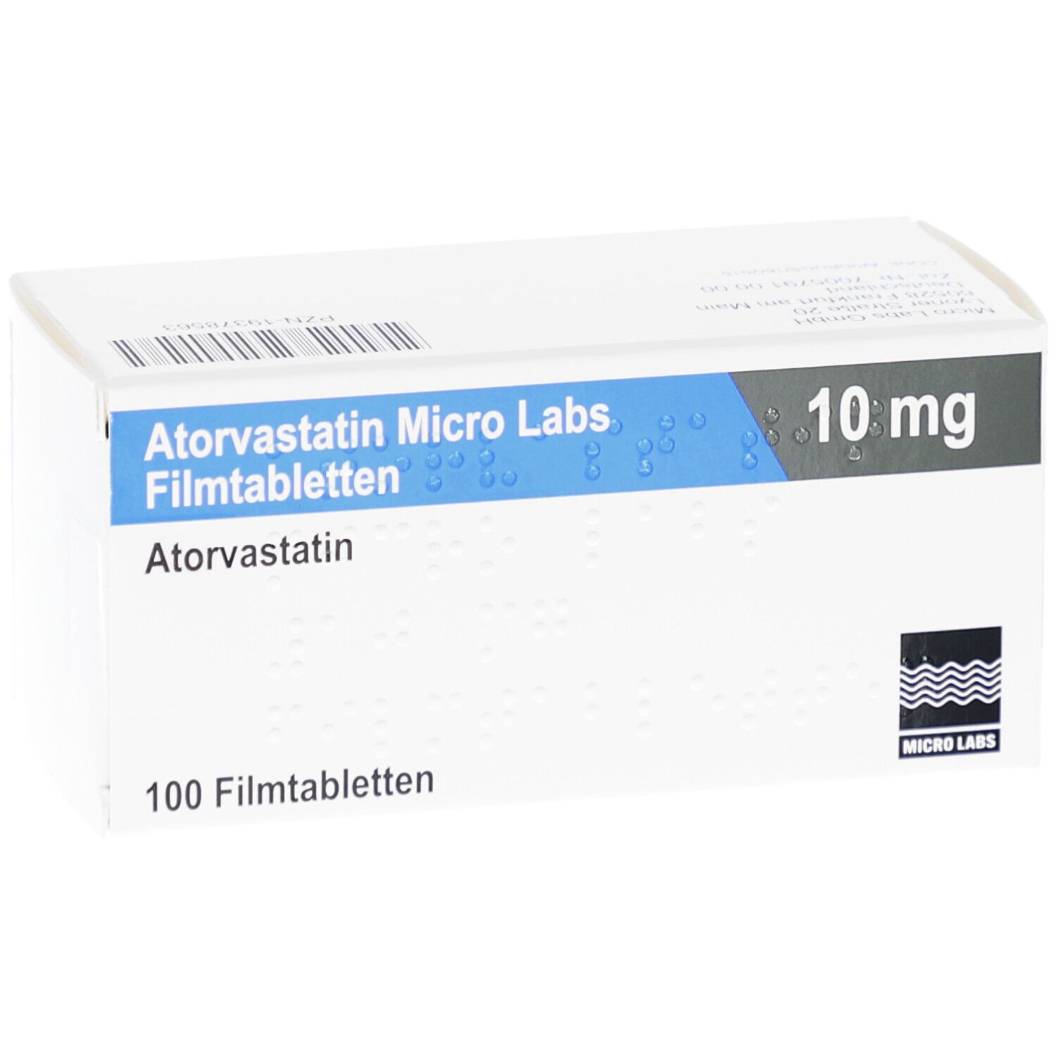 Weiße Schachtel mit blauer Schrift: Atorvastatin Micro Labs Filmtabletten, 10 mg, 100 Filmtabletten. Logo Micro Labs.