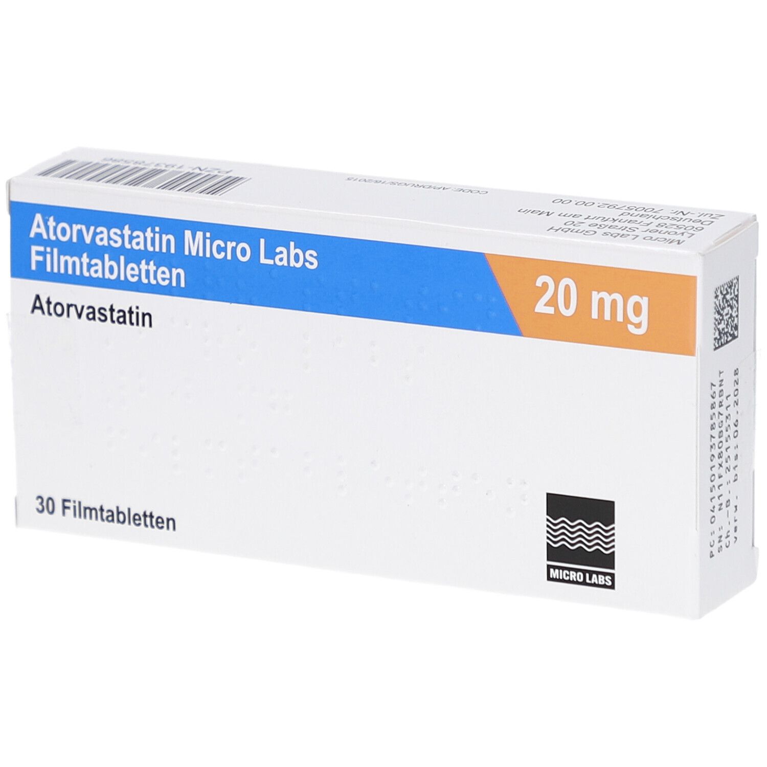 Schachtel ATORVASTATIN Micro Labs 20 mg Filmtabletten. Blaue und orangefarbene Akzente. 30 Filmtabletten.