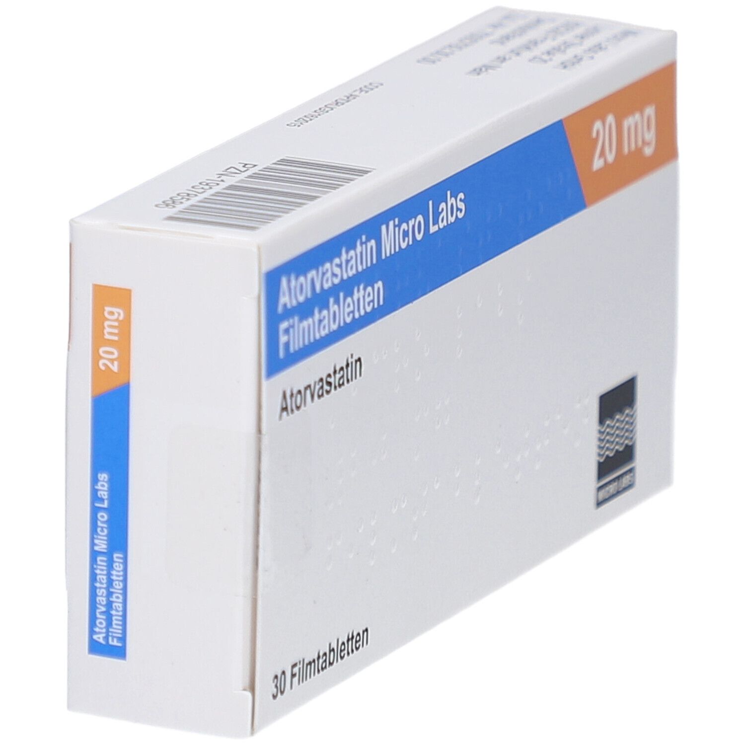 Schachtel ATORVASTATIN Micro Labs 20 mg Filmtabletten. Blaue und orangefarbene Akzente. Seitenansicht.