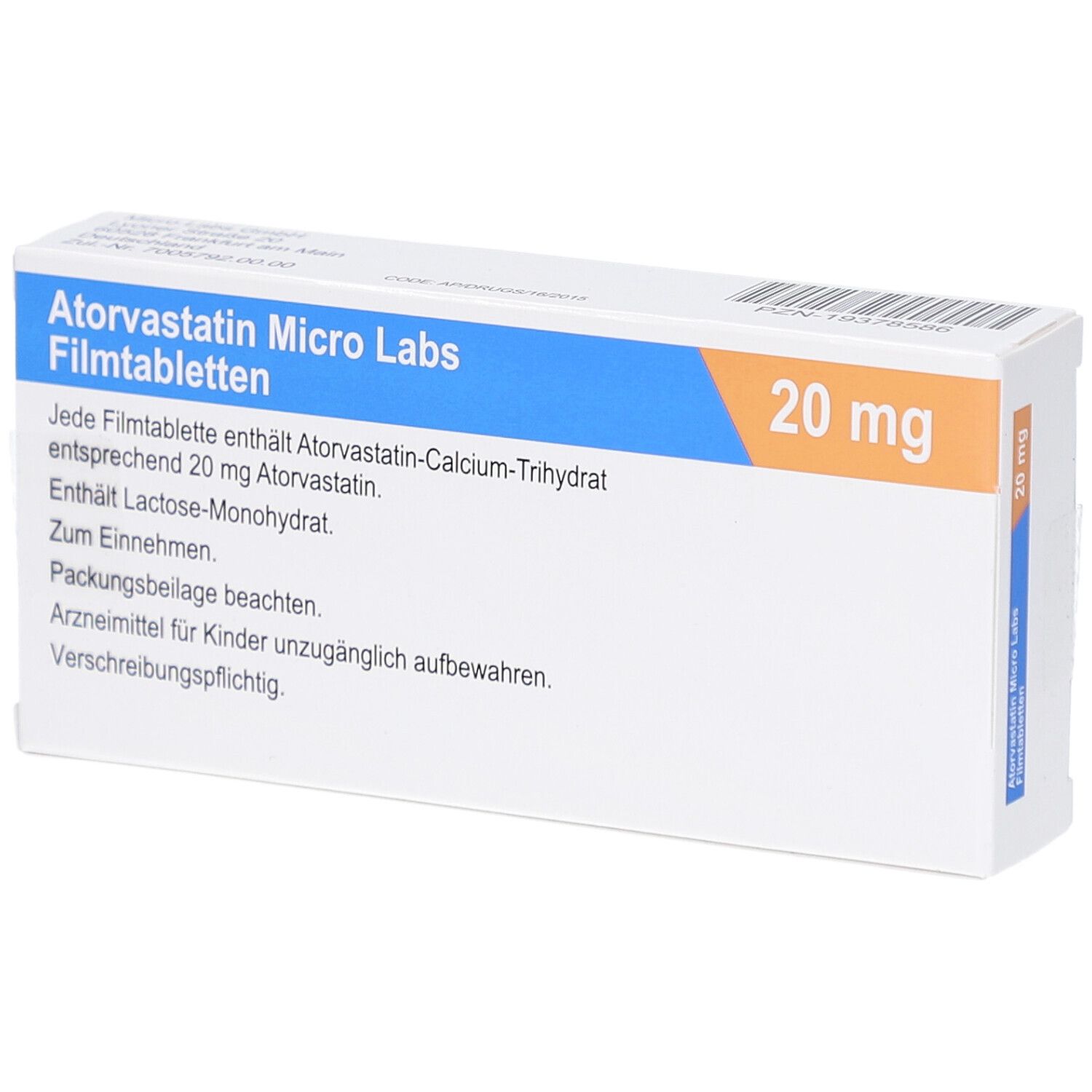 Schachtel ATORVASTATIN Micro Labs 20 mg Filmtabletten. Textinformationen. Enthält 20 mg Atorvastatin.