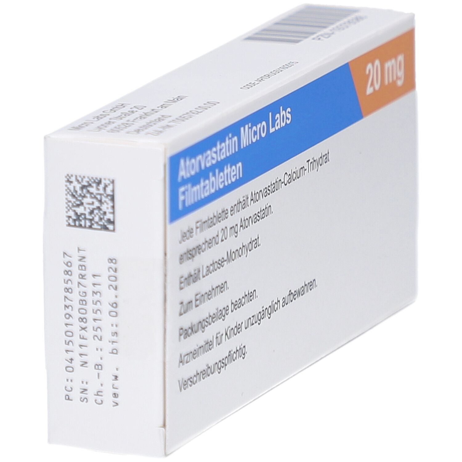 Schachtel ATORVASTATIN Micro Labs 20 mg Filmtabletten. Textinformationen. Rückansicht.