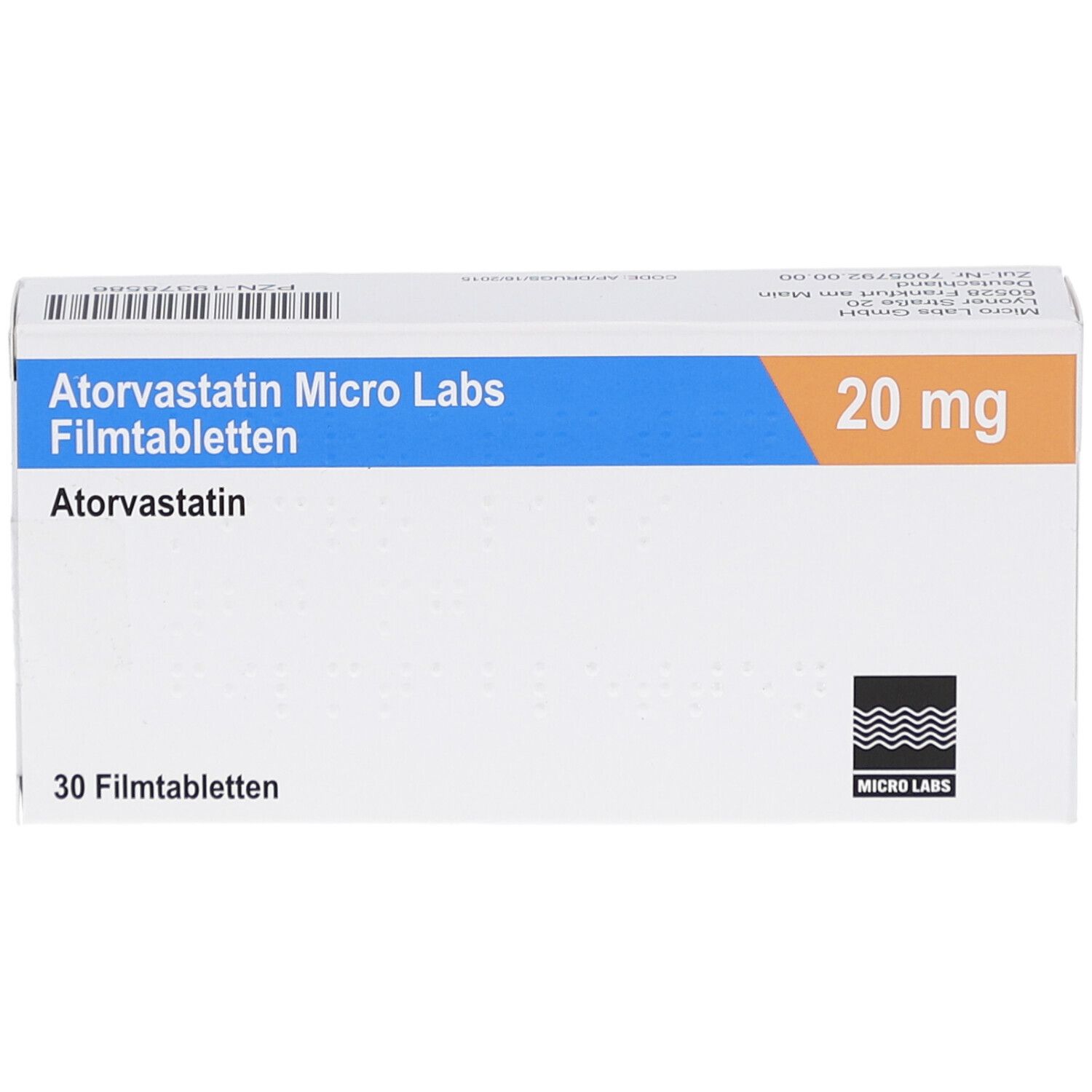 Schachtel ATORVASTATIN Micro Labs 20 mg Filmtabletten. Blaue und orangefarbene Akzente. 30 Filmtabletten.