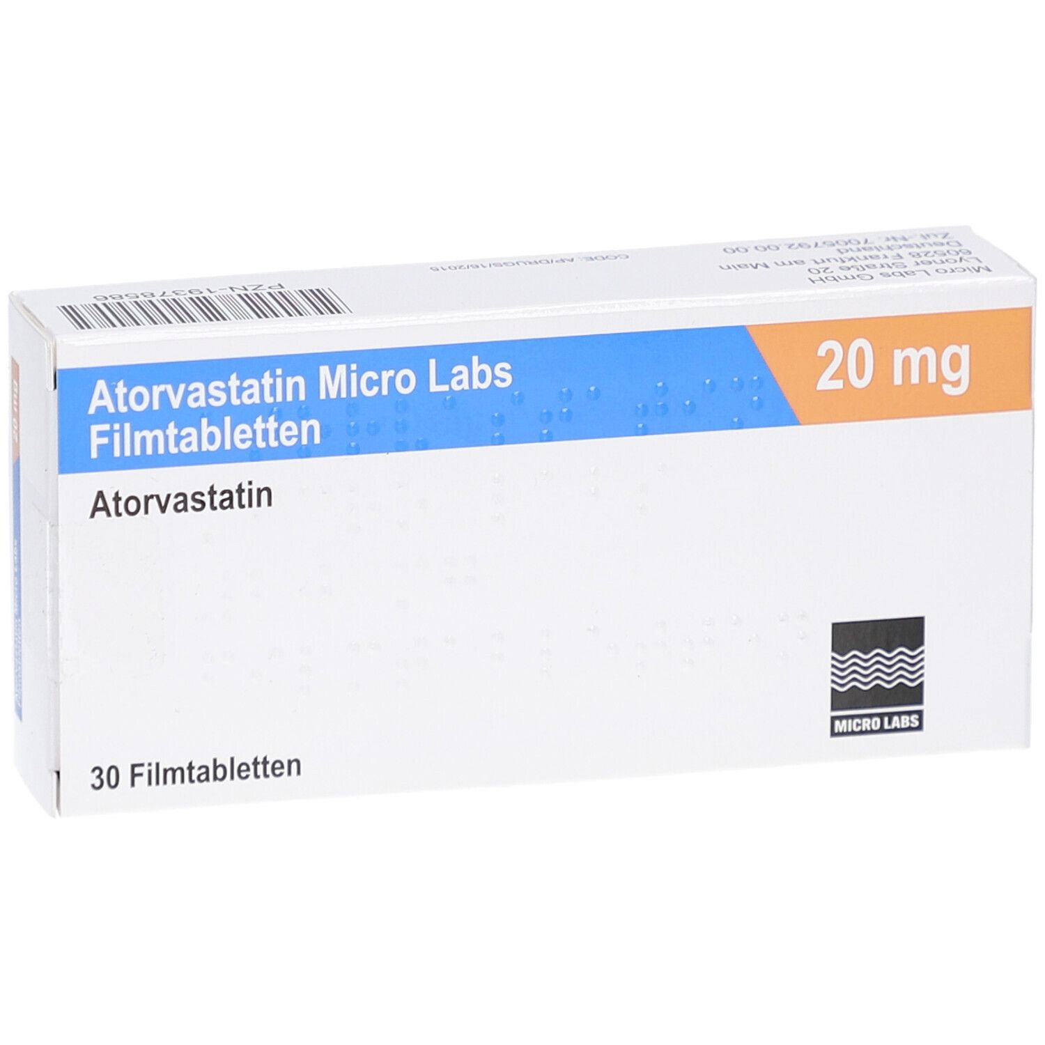 Schachtel ATORVASTATIN Micro Labs 20 mg Filmtabletten. Blaue und orangefarbene Akzente. 30 Filmtabletten.