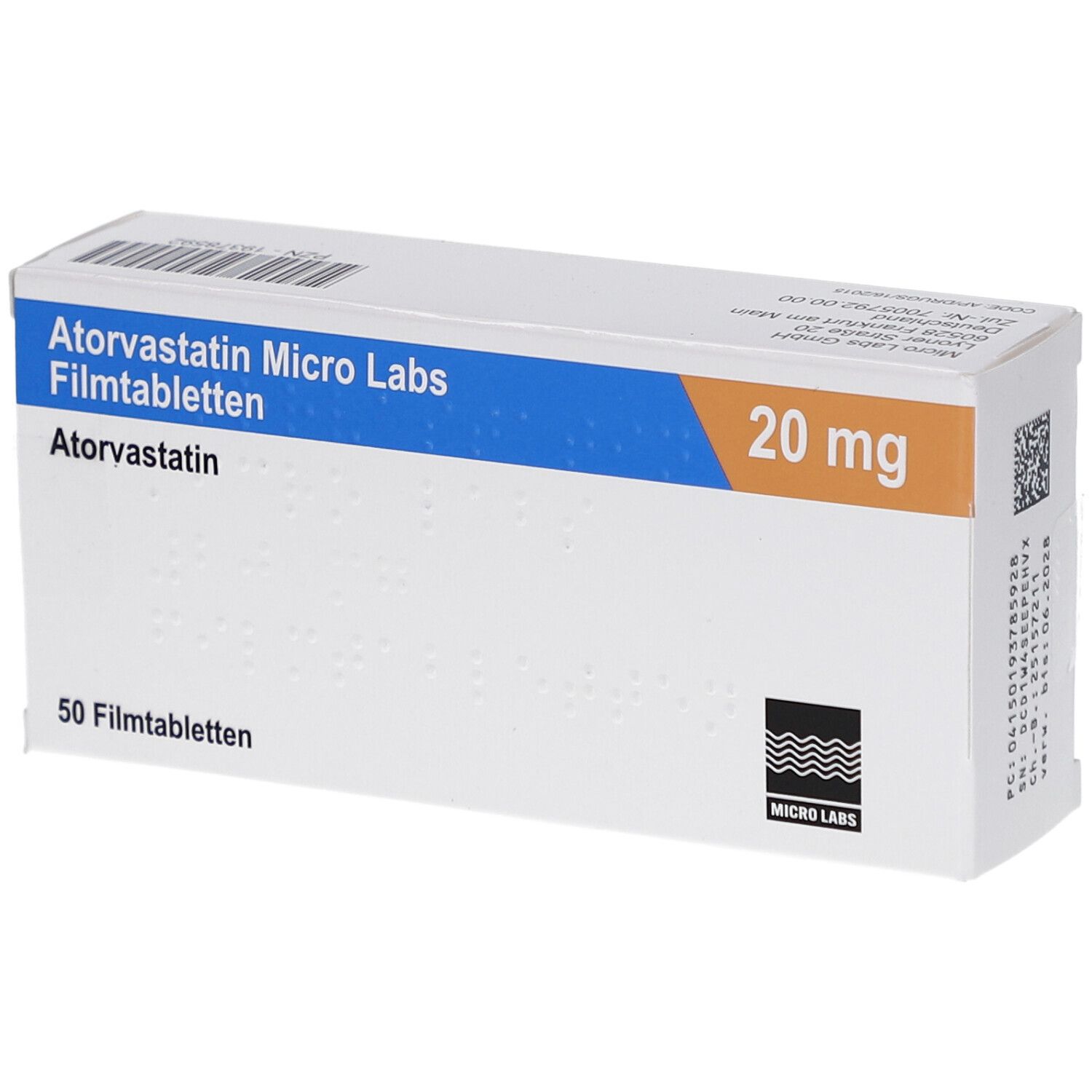 Schachtel mit ATORVASTATIN Micro Labs Filmtabletten. Aufschrift: 20 mg, 50 Filmtabletten. Logo Micro Labs.