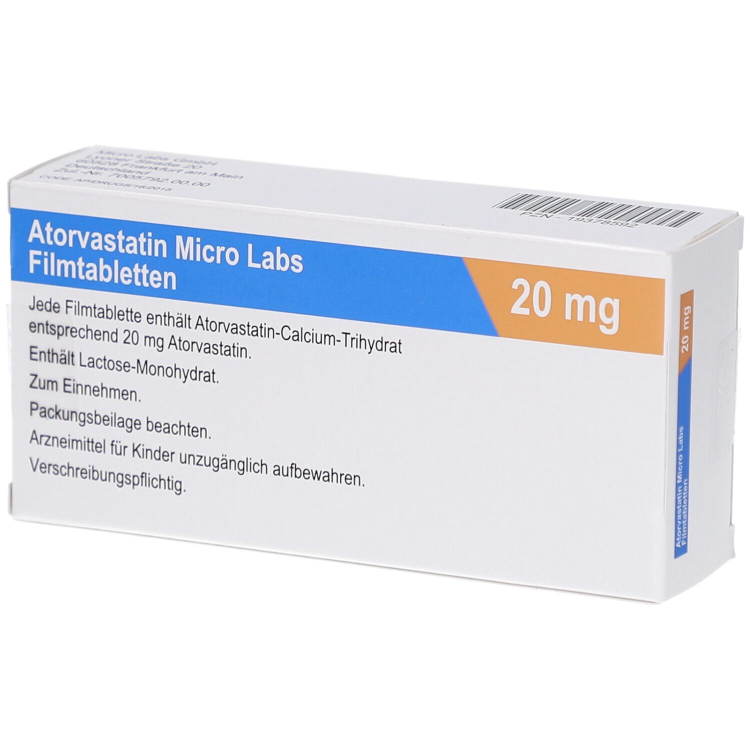 Schachtel ATORVASTATIN Micro Labs Filmtabletten. Text: 20 mg, Inhaltsstoffe, Packungsbeilage beachten. Apothekenpflichtig.