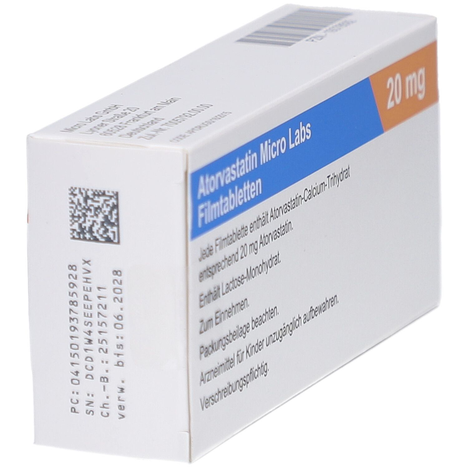 Schachtel ATORVASTATIN Micro Labs Filmtabletten. Text: 20 mg, Inhaltsstoffe, Verfallsdatum. Apothekenpflichtig.