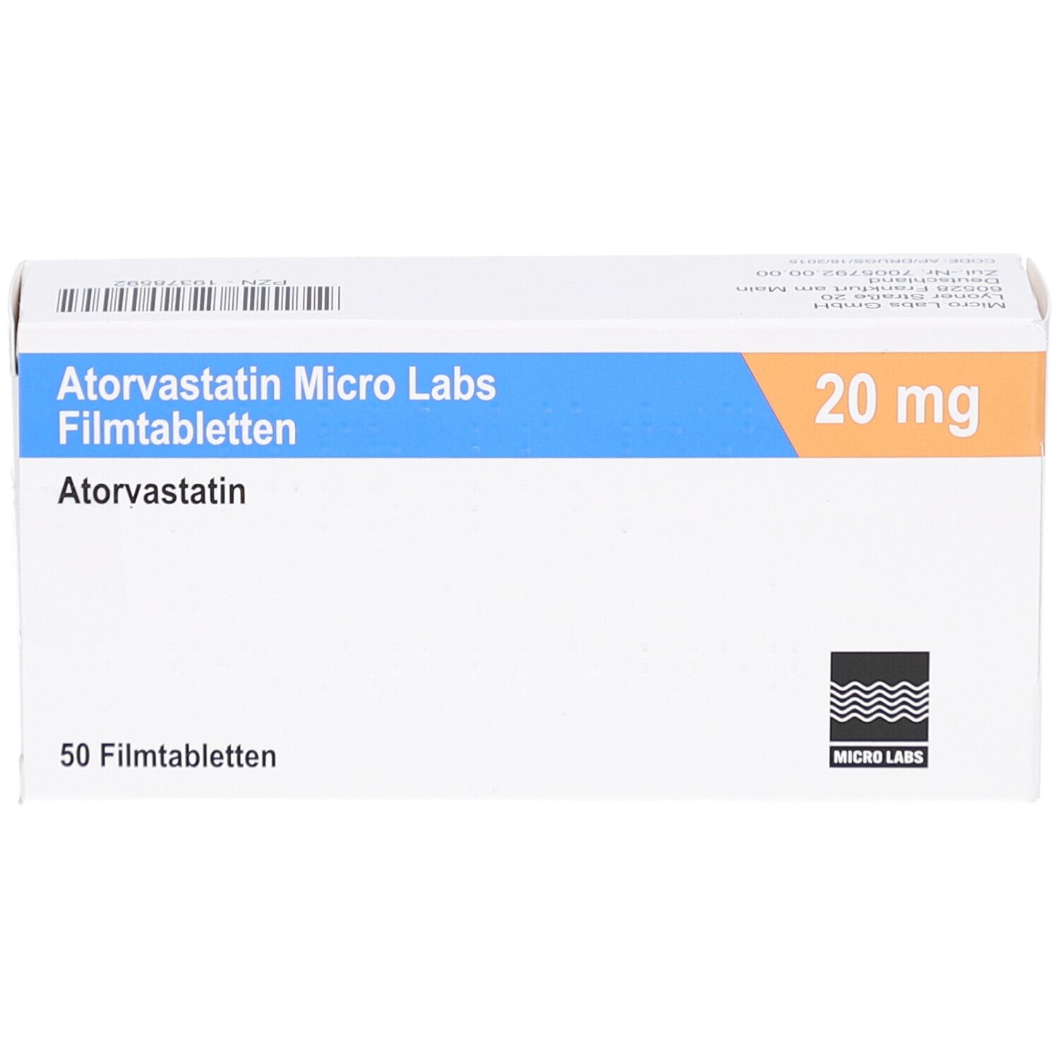 Schachtel ATORVASTATIN Micro Labs Filmtabletten. Aufschrift: 20 mg, 50 Filmtabletten. Logo Micro Labs.