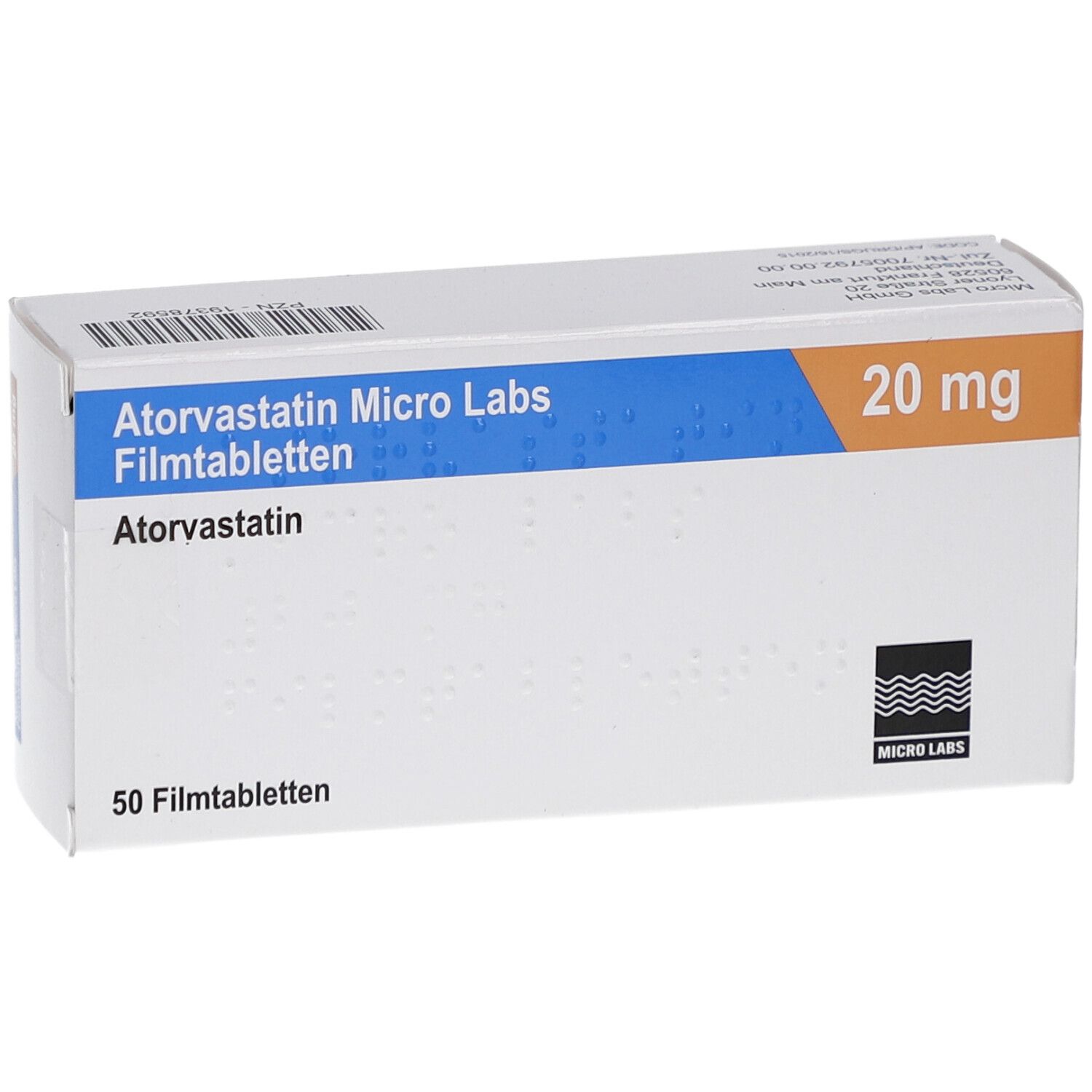 Schachtel ATORVASTATIN Micro Labs Filmtabletten. Aufschrift: 20 mg, 50 Filmtabletten. Logo Micro Labs.