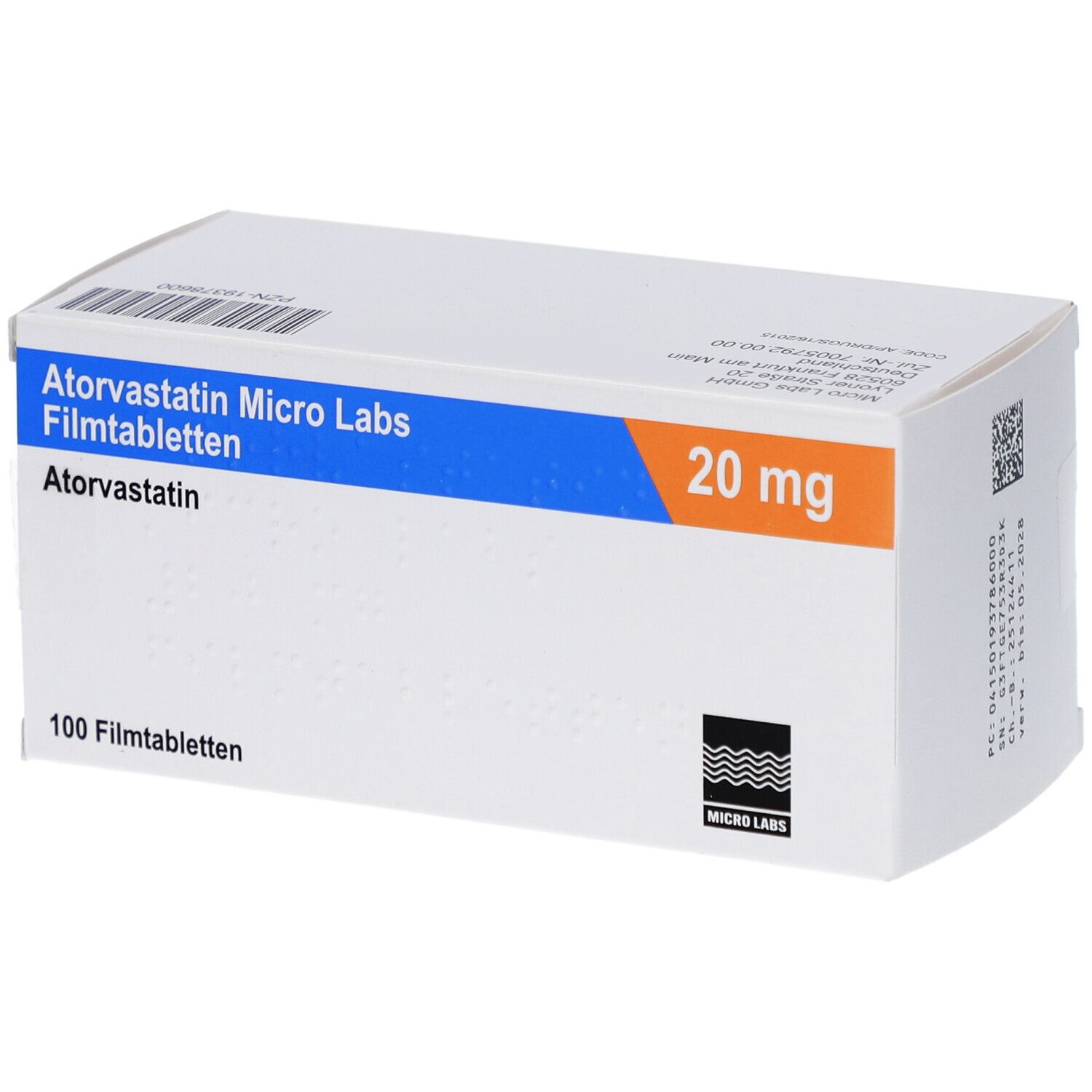 Weiße Schachtel mit blauer und orangerfarbener Beschriftung. Enthält Atorvastatin Micro Labs 20 mg Filmtabletten.