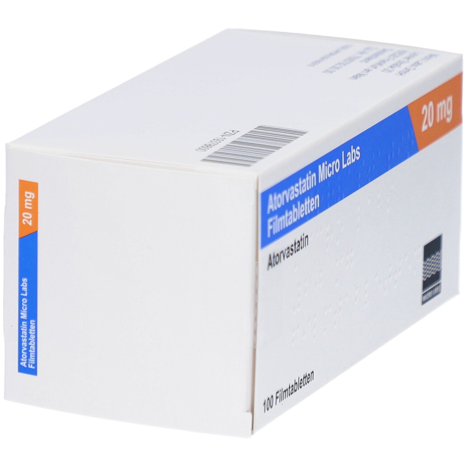 Weiße Schachtel mit blauer und orangerfarbener Beschriftung. Enthält Atorvastatin Micro Labs 20 mg Filmtabletten.