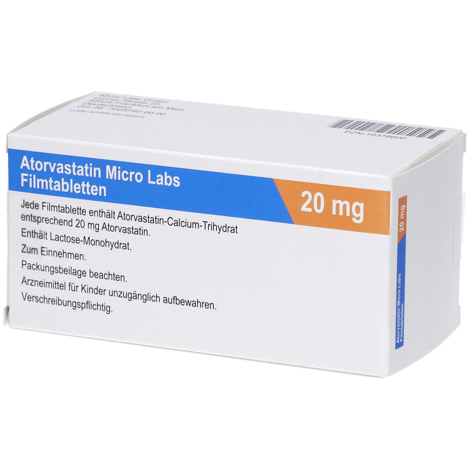 Weiße Schachtel mit blauer und orangerfarbener Beschriftung. Enthält Atorvastatin Micro Labs 20 mg Filmtabletten.